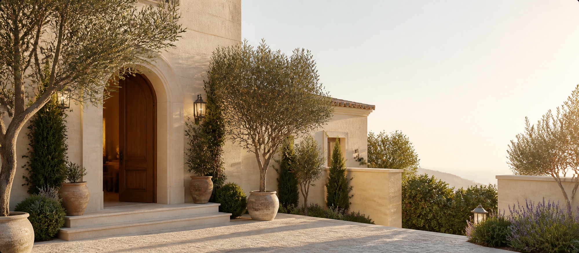 Private villa entrance at golden hour